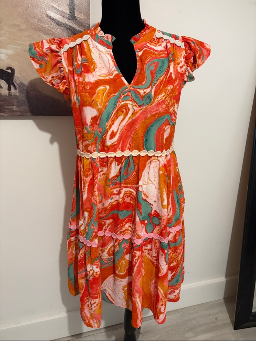 entro Orange Marble Print Midi Dress with Teal & Pink Accents